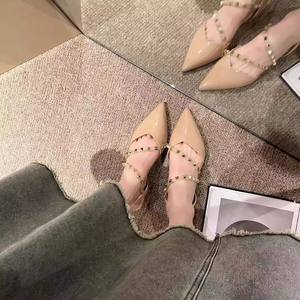 Sandalias de tacón alto sexy con hebilla cuadrada de rinoceronte y punta, de satén de seda con espalda hueca, para mujer, ideales para principios de primavera. - Product Image 4