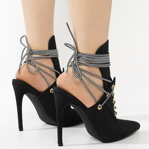 Sandalias de tacón de aguja con corte trasero para mujer, sexy, de mezclilla, con punta puntiaguda y cordones en el tobillo - Product Image 5