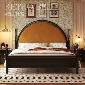 Cama Tapizada Retro de Madera Maciza de 1.5M 1.8M, Cama Doble para Dormitorio Principal, Estilo Europeo, Diseño Moderno y Minimalista - Product Image 1