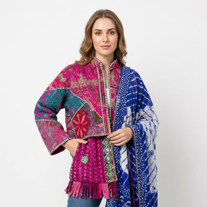 Hand Embroidered Patchwork Quilted Cotton <b>Reversible</b> <b>Jacket</b> with Mandarin Collar Batwing Sleeve Winter Women's Coat - Product Image 1