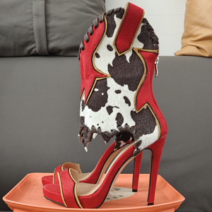 Botines de tacón alto con estampado de vaca y punta abierta para mujer, talla grande 47, sandalias de verano con diseño de patchwork, botines cortos sexys de una sola banda. - Product Image 6