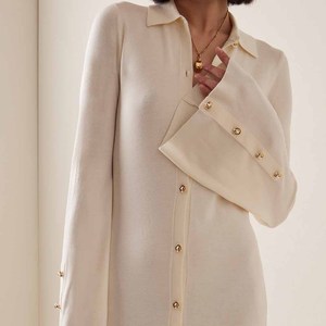 Produttore di maglieria personalizzata autunno colletto ribaltabile a maniche lunghe lavorato a <span class=keywords><strong>maglia</strong></span> con <span class=keywords><strong>bottoni</strong></span> abito Maxi abito da donna con dettagli - Product Image 2