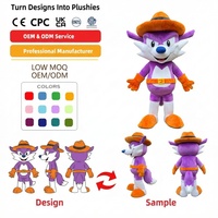 Peluche personnalisée, faible MOQ, costumes de performance de mascotte renard cowboy en peluche, sac en nylon personnalisé, peluche Din 19, design personnalisé