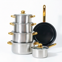 Ensemble de casseroles en acier inoxydable de luxe avec logo personnalisé, 12 pièces, comprenant une casserole, une poêle et une marmite, avec poignées en acier inoxydable doré