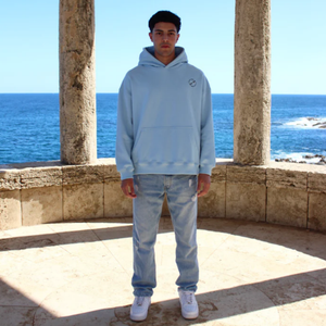 Felpa sportiva oversize da <span class=keywords><strong>uomo</strong></span> con cappuccio blu chiaro con cappuccio personalizzata invernale di alta qualità all'ingrosso con tracolla - Product Image 3