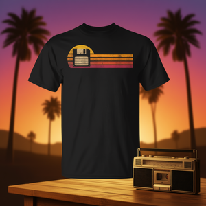 T-shirt rétro style vintage avec silhouette de disquette, coucher de soleil des années 80, T-shirt promotionnel rétro de l'ère des années 80 - Product Image 3