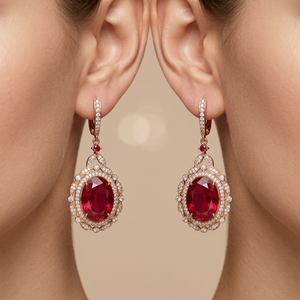 Pendientes de Oro de 18K con Rubí Ovalado y Halo de Diamantes, Cierre de Langosta, Joyería para Fiesta Formal, Boda, Plata para Mujer - Product Image 1