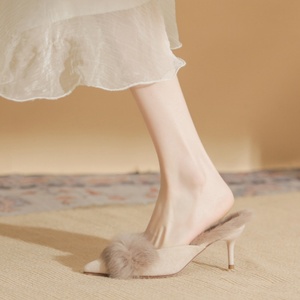Sandalias de piel personalizadas con punta en pico y tacón de 6 cm para mujer, zapatos de exterior tipo mules con peluche para mujer - Product Image 2