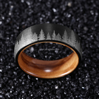 POYA cincin Tungsten berlapis hitam 8mm, cincin dalam kayu antik dengan desain Laser hutan untuk pernikahan atau hadiah
