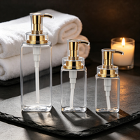 Bouteille à pompe carrée transparente rechargeable de 300 ml, 400 ml, 500 ml, 600 ml, 800 ml avec pompe dorée pour savon, lotion, shampoing, salle de bain