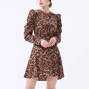 Vestido com estampa de leopardo de alta qualidade, novo design de fábrica, sexy de alta qualidade para festas
