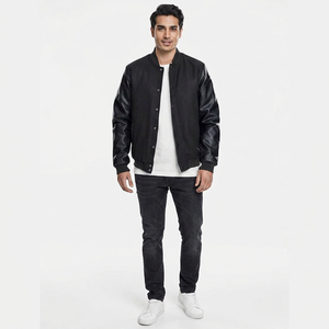 Blouson universitaire en laine véritable avec manches en cuir, style baseball, tendance, pour l'école, le collège, l'hiver, en toile - Product Image 1