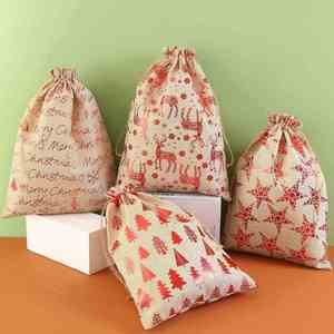 Bolsas de Regalo con Cordón de Diseño Navideño al por Mayor, Reutilizables, de Arpillera, Cáñamo, Yute y Lino, en Stock - Product Image 3