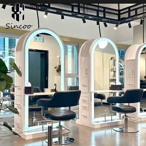 Espejo de Barbería Doble Cara de Vidrio Dorado con Diseño Moderno y Personalizado para Salón de Peluquería, con Almacenamiento y Cajón para Centro Comercial - Product Image 1
