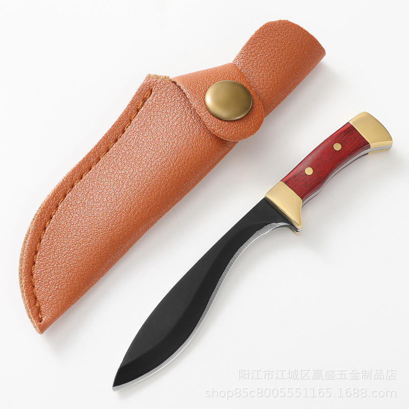 Small curved knife with wooden handle and black blade