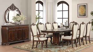 American Classic Dark <b>Brown</b> Wood Dining Set-Rectangular <b>Table</b> 8 Upholstered Chairs with Ornate Carvings Sideboard Mirror - Product Image 2