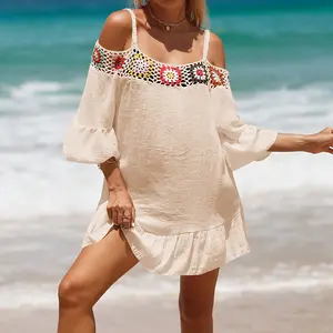 女性夏季褶边袖纱笼遮盖物，帕雷奥束腰外衣针织肩部沙滩遮盖物