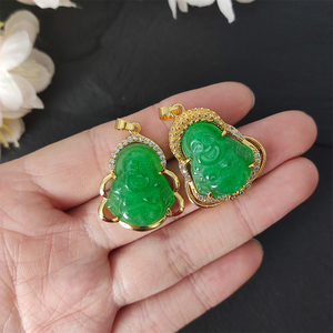 Ожерелье из 18-каратного золота с кулоном Будды, зеленое ожерелье с кулоном из натурального нефрита, религиозное ожерелье из нефрита, кулон Будды со смехом - Product Image 2