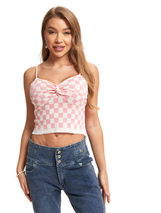 Top Corto de Punto a Cuadros Rosa para Mujer, con Tirantes Finos y Escote Corazón, Estilo Casual para Primavera/Verano - Product Image 1