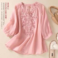 Chemisier décontracté en coton et lin brodé de fleurs pour femme, manches trois-quarts, col en V, couleur unie, coupe ample, haut pour femme