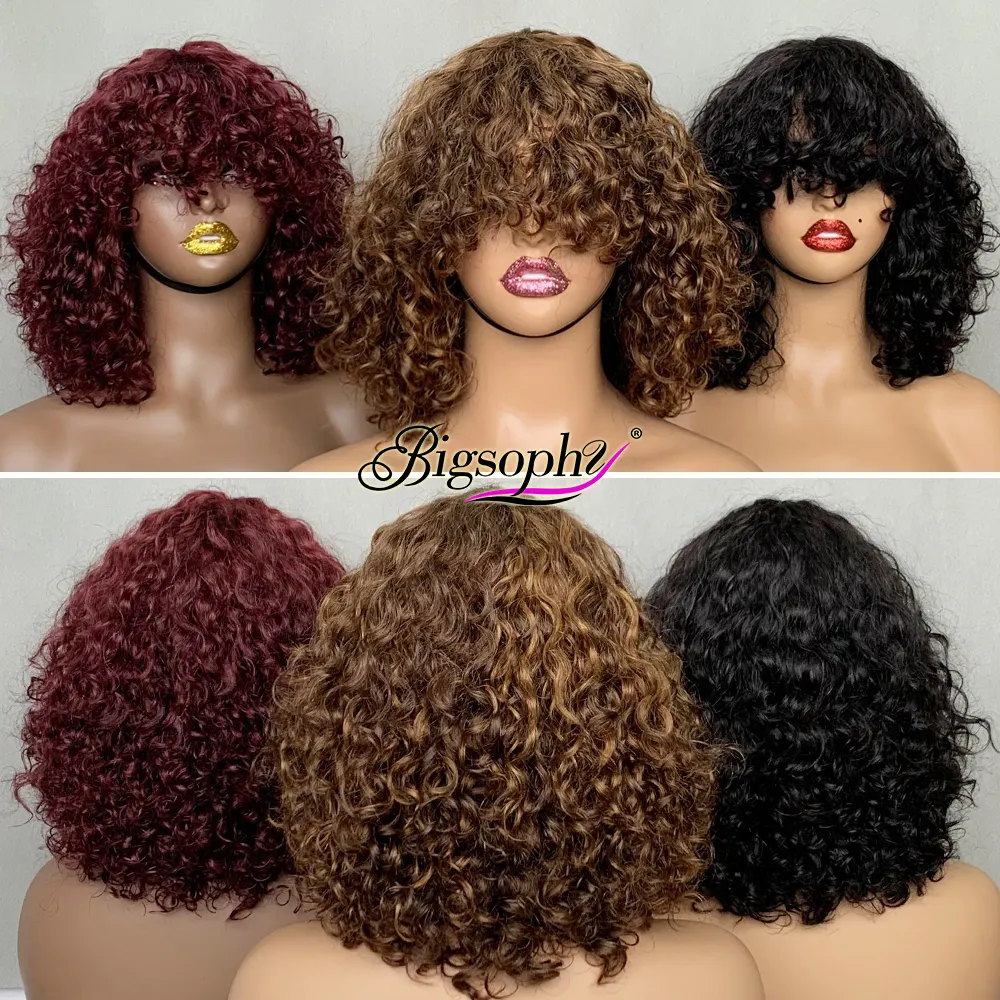 Wig pinggiran keriting Populer pabrik gambar Super ganda rambut 200Gram keriting mewah kualitas ditarik dengan rambut manusia Virgin Brasil Remy