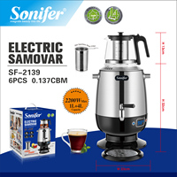 Sonifer Théière SF-2139 en acier inoxydable 4L avec contrôle de température avec théière en verre 1L sur le dessus Ensemble bouilloire électrique Samovar russe