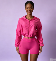 Ensemble 2 pièces pour femme, automne, décontracté : Short cycliste taille haute et veste coupe-vent courte à capuche zippée, style sport et mode