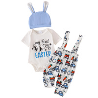 Tenue de Pâques pour bébé, ensemble 3 pièces, body à manches courtes, pantalon à bretelles imprimé avec chapeau à oreilles de lapin, Costume de Pâques pour bébé garçon