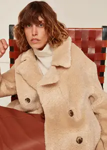 Jaket Trendi Kancing Dua Baris Musim Dingin, Mantel Bulu Wanita Bahu Jatuh Panjang Ukuran Ekstra Besar