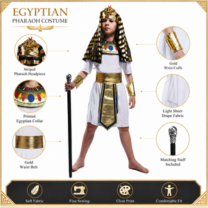 Costume de pharaon égyptien pour enfants, déguisement de luxe blanc et or pour le carnaval d'Halloween - Product Image 3