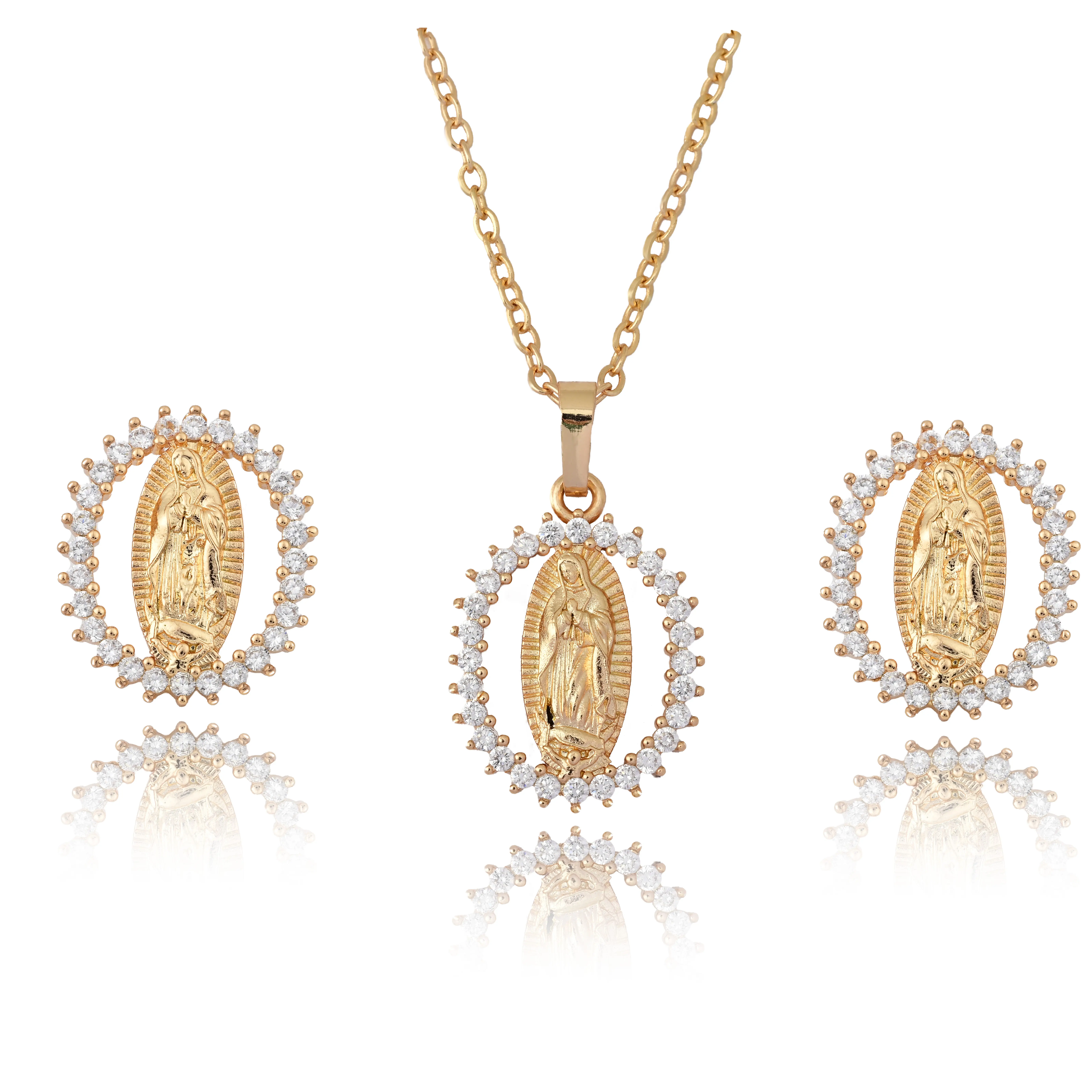 20K Gold vergoldet Jungfrau Maria Gebetshalskette Ohrring-Set Unsere Dame von Guadalupe Amulet Anhänger für Damen Mädchen Schmuck Geschenk