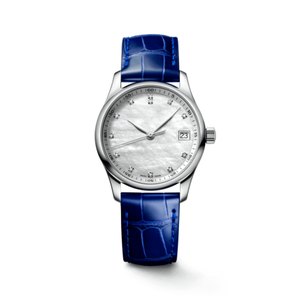 Reloj automático para mujer con esfera de nácar, marcadores de diamantes y correa de piel de cocodrilo azul - Product Image 1