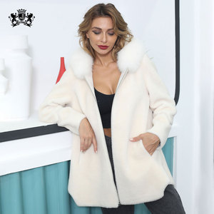 Janedur giacca di alta qualità alla moda invernale <span class=keywords><strong>con</strong></span> Shearling di pecore da donna cappotto di lana di agnello <span class=keywords><strong>Beige</strong></span> <span class=keywords><strong>con</strong></span> <span class=keywords><strong>pelliccia</strong></span> <span class=keywords><strong>con</strong></span> <span class=keywords><strong>cappuccio</strong></span> - Product Image 1