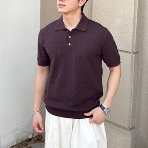 Polo en tricot texturé élégant pour homme, pull à manches courtes en mélange doux d'acrylique, polyester, nylon et Tencel pour un style business décontracté - Product Image 4