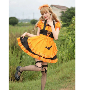 Costume de cosplay de demoiselle d'honneur chauve-souris et citrouille d'Halloween, robe Lolita <span class=keywords><strong>orange</strong></span> et noire, tenue de fête et de séance photo - Product Image 2