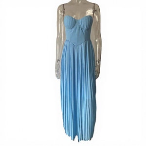 เดรสมิดิไม่มีสายรัดเอวสำหรับผู้หญิงเดรสสั้นมีจีบระบายอากาศสีพื้นไม่ทอเซ็กซี่แฟชั่นใหม่ - Product Image 1