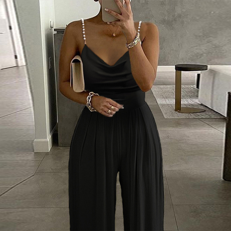 New Pearl Suspenders Wide Leg Sleeveless V-Neck Backless