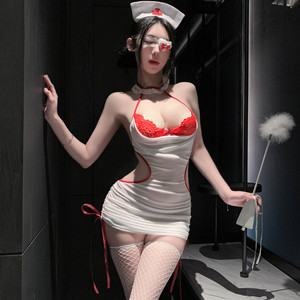 Ensemble de lingerie sexy en dentelle de polyester deux pièces pour jeunes femmes, uniforme d'infirmière coquin et sensuel, broderie respirante - Product Image 4