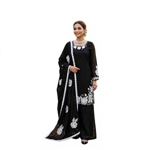 Black Cotton Traditional Salwar <b>Suit</b> With <b>White</b> Floral Embroidery Loose Fit Floor-Length <b>Women's</b> Wear India Pakistan Style - Product Image 1
