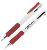 Stylo multi-encres Voyager personnalisé avec logo, blanc, à poussoir, pointe fine bleue, gravure laser, cadeau d'entreprise, vente en gros en vrac, modèle Elite Prime