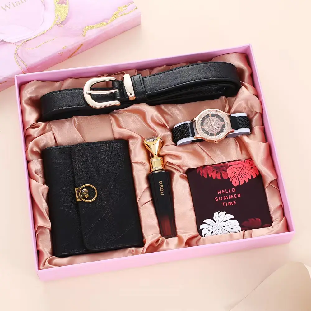 2023 nuovo design orologio da donna Set regalo cinturino in acciaio inossidabile orologio portafoglio cintura profumo specchio per il trucco confezione regalo di lusso per le donne