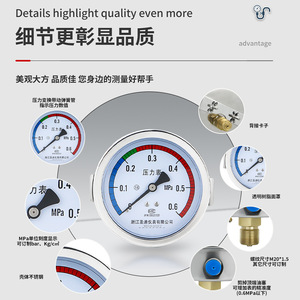 Manómetro de Presión Tipo Abrazadera Y100ZK, Hidráulico, Presión de Agua, Presión Neumática, Conexión Roscada, Diafragma Resistente a Impactos - Product Image 1