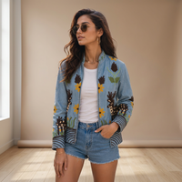 Blouson Bomber Matelassé Réversible en Velours Tricoté Brodé Suzani Style Hippie Vintage Automne Hiver Respirant 100% Fleurs