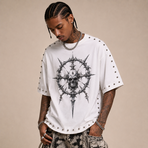 T-shirt OEM avec rivets, T-shirts blancs, T-shirt avec logo, T-shirt personnalisé à manches courtes, T-shirt vintage streetwear, T-shirt personnalisé pour homme, à porter au quotidien - Product Image 2