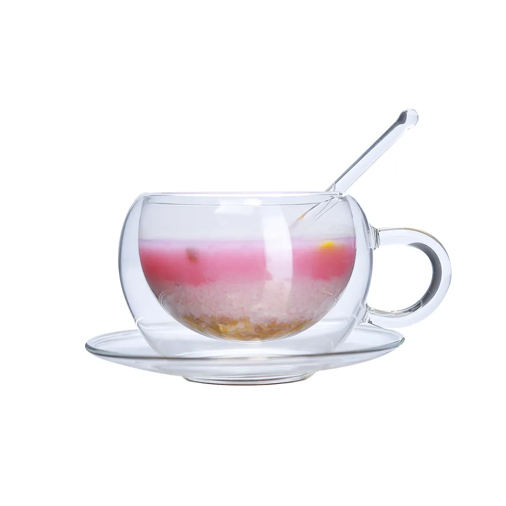 उच्च borosilicate डबल दीवार ग्लास कॉफी कप तश्तरी और चम्मच के साथ संभाल