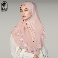 Hiyab Musulmán de Uso Instantáneo con Encaje y Pedrería, Hiyab de Chifón Floral con Apliques de Pedrería, Gorro de Hiyab Transpirable de Poliéster para Todas las Estaciones