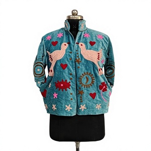 เสื้อแจ็คเก็ตกำมะหยี่ลาย Lovebirds สีฟ้าโรแมนติก ปักลายรูปนกพิราบคู่ เสื้อแจ็คเก็ตสวนดอกไม้ ลายหัวใจกระซิบ เสื้อแจ็คเก็ตกำมะหยี่ - Product Image 5