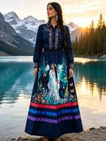 Jupe longue maxi vintage pour femme, style bohème, imprimé floral et ours, avec ruban, motif autochtone, mode nature, rétro canadien, vente en gros