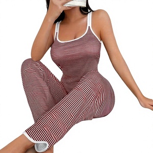 Women's Striped Lounge <b>Set</b> <b>Square</b> Collar Sleeveless Top Drawstring Pants Casual Summer Wear Soft Knitted Polyester/Cotton Fit - Product Image 5