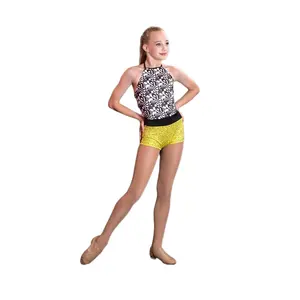 New Arrivals Yellow Sequin with Black White printing costume for dancing jazz unitard dance